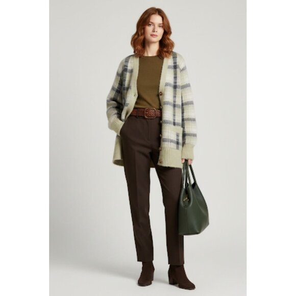 Tory Burch Light Green Mohair-Blend Plaid Brushed Intarsia-Knit Cardigan Medium - Picture 12 of 15